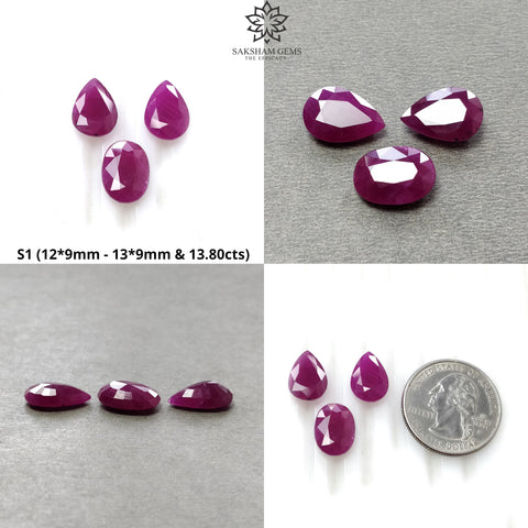 Ruby Gemstone Normal Cut : Natural Untreated Unheated Red Ruby Pear Oval & Baguette Shape 3pcs Set