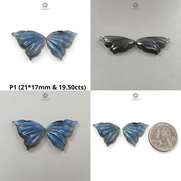 Blue Labradorite Gemstone Carving: Natural Untreated Unheated Labradorite Hand Carved Butterfly and Angel Wings Pair For Jewelry