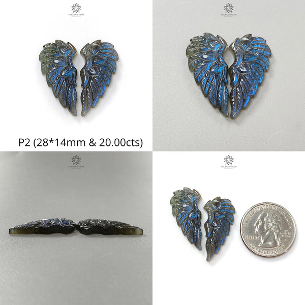 Rainbow Flashing Blue Labradorite Gemstone Carving: Natural Untreated Unheated Labradorite Hand Carved Angel Wings Pair For Jewelry