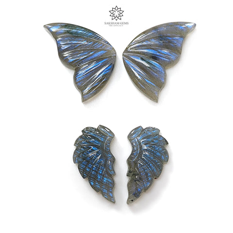 Blue Labradorite Gemstone Carving: Natural Untreated Unheated Labradorite Hand Carved Butterfly, Angel Wings 4pcs Set For Jewelry