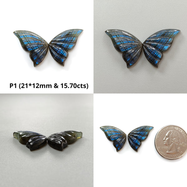 Rainbow Flashing Blue Labradorite Gemstone Carving: Natural Untreated Unheated Labradorite February Birthstone Hand Carved Butterfly Pair