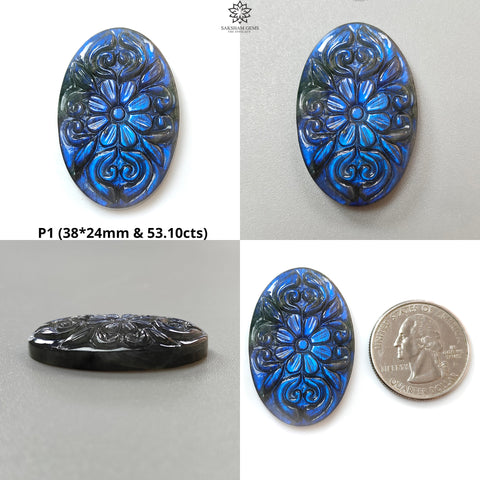 Blue Labradorite Gemstone Carving: Natural Untreated Fire Labradorite February Birthstone Hand Carved Oval Shape 1pc