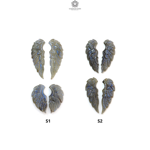 Blue Labradorite Gemstone Carving: Natural Untreated Unheated Labradorite Hand Carved Angel Wings 4pcs Set for Jewelry