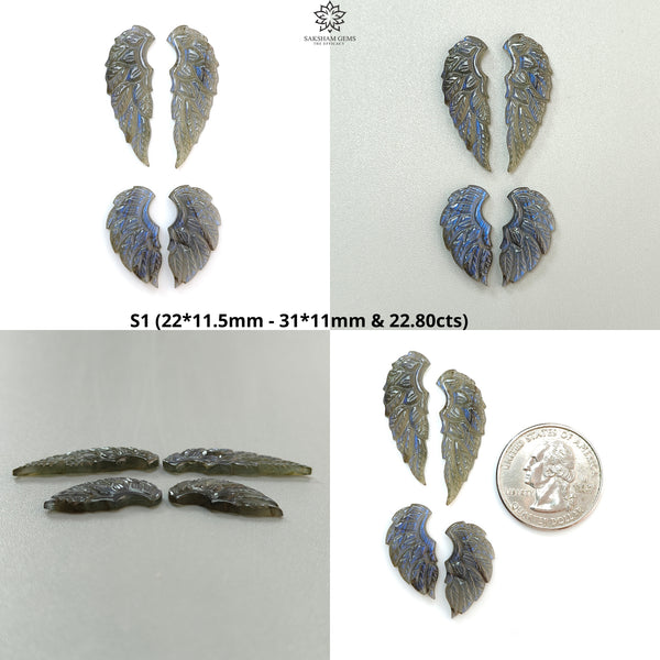 Blue Labradorite Gemstone Carving: Natural Untreated Unheated Labradorite Hand Carved Angel Wings 4pcs Set for Jewelry