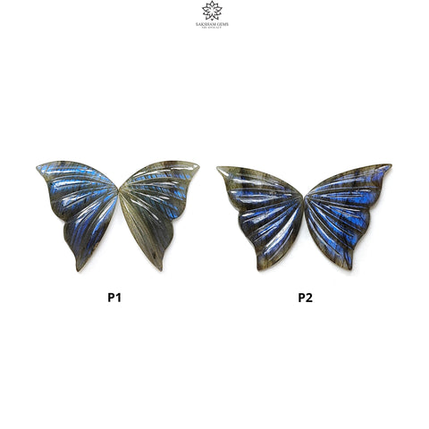 Blue Labradorite Gemstone Carving: Natural Untreated Unheated Labradorite Hand Carved Butterfly Pair for Jewelry