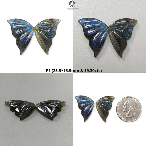 Blue Labradorite Gemstone Carving: Natural Untreated Unheated Labradorite Hand Carved Butterfly Pair for Jewelry