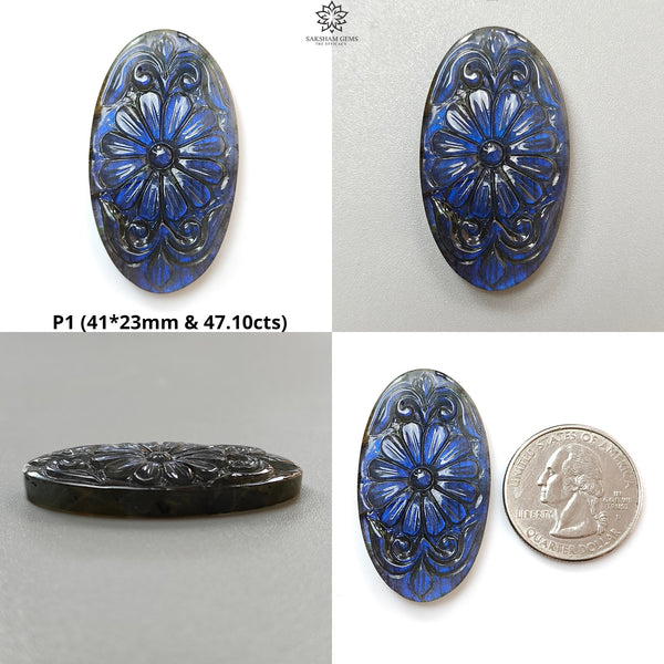 Blue Labradorite Gemstone Carving: Natural Untreated Fire Labradorite February Birthstone Hand Carved Oval Shape 1pc