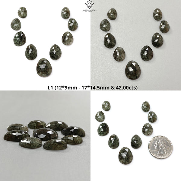 Green Rutile Quartz Gemstone Rose Cut Slices: Natural Untreated Unheated Rutile Egg Shape Faceted 9pcs Lot for Jewelry April Birthstone