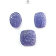 Tanzanite Gemstone Carving: Natural Blue Tanzanite Hand Carved Oval And Cushion Shape 3pcs Set For Jewelry