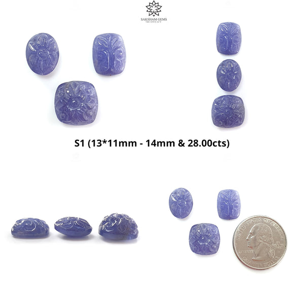 Tanzanite Gemstone Carving: Natural Blue Tanzanite Hand Carved Oval And Cushion Shape 3pcs Set For Jewelry