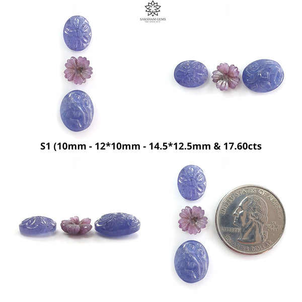 Blue Tanzanite, Pink Sapphire Carving: Natural Tanzanite, Sapphire Gemstone Flower Oval, Pear Shapes 3psc Set For Jewelry