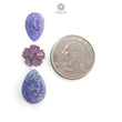 Blue Tanzanite, Pink Sapphire Carving: Natural Tanzanite, Sapphire Gemstone Flower Oval, Pear Shapes 3psc Set For Jewelry