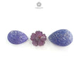 Blue Tanzanite, Pink Sapphire Carving: Natural Tanzanite, Sapphire Gemstone Flower Oval, Pear Shapes 3psc Set For Jewelry