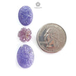 Blue Tanzanite, Pink Sapphire Carving: Natural Tanzanite, Sapphire Gemstone Flower Oval, Pear Shapes 3psc Set For Jewelry