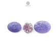 Blue Tanzanite, Pink Sapphire Carving: Natural Tanzanite, Sapphire Gemstone Flower Oval, Pear Shapes 3psc Set For Jewelry