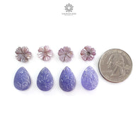 Blue Tanzanite Pink Sapphire Carving: 51.90cts Natural Tanzanite, Sapphire Flower, Pear Shape 17*12mm - 18*12mm 8pcs Set