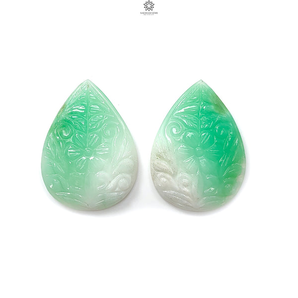 Green Chrysoprase Gemstone Carving: 58.10cts Natural Untreated Chrysoprase Hand Carved Pear Shape 37*17mm Pair for Jewelry May Birthstone