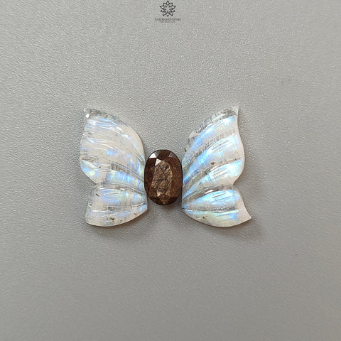 Rainbow Moonstone Gemstone Carving: 16.00cts Natural Untreated Moonstone & Golden Sapphire Hand Carved Butterfly, Oval Cut 20*11mm 3pcs Set