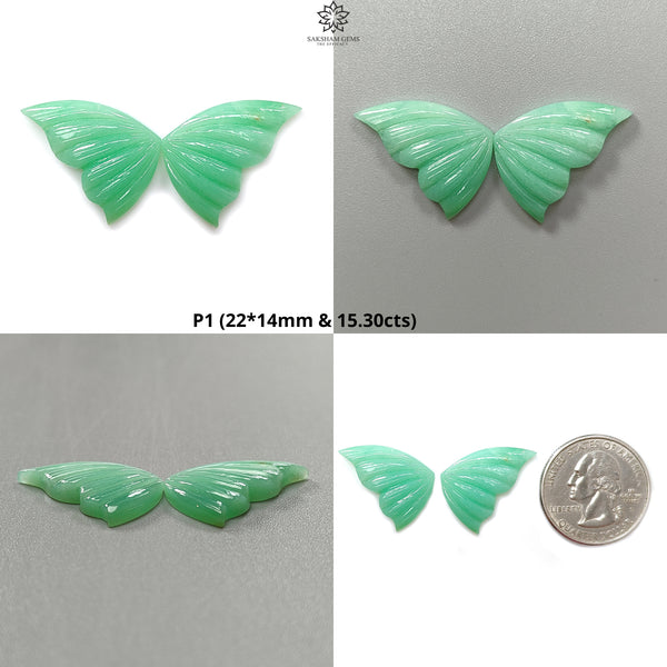 Green Chrysoprase Gemstone Carving: Natural Unheated Untreated Chrysoprase Hand Carved Butterfly Pair for Jewelry May Birthstone