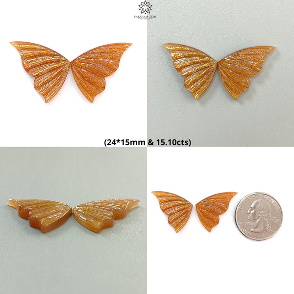 Peach Moonstone, Bi-Color Agate & Pink Opal Gemstone Carving: Natural Untreated Multi Color Gemstone Hand Carved Butterfly Pair for Jewelry