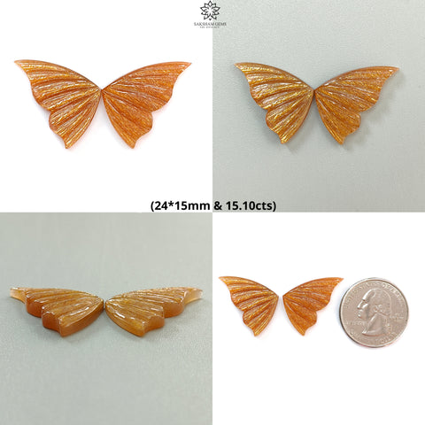 Peach Moonstone, Bi-Color Agate & Pink Opal Gemstone Carving: Natural Untreated Multi Color Gemstone Hand Carved Butterfly Pair for Jewelry