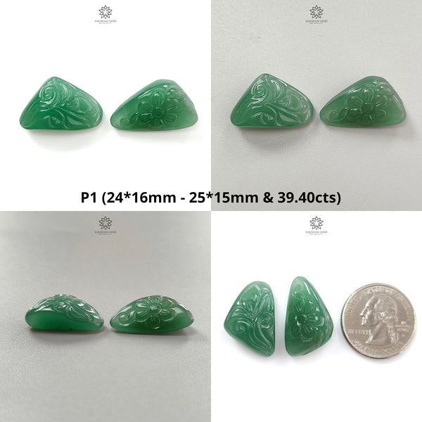 Green Quartz Gemstone Carving: Natural Untreated Green Quartz Both Side Hand Carved Fancy Shape Pare For Jewelry