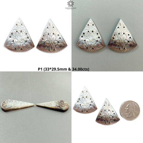 Mother of Pearl Gemstone Carving: Natural Untreated Black/White Mop Hand Carved Triangle, Marquise Shape Pair June Birthstone