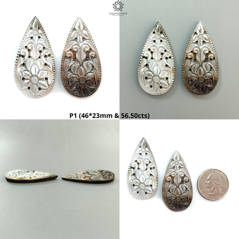 Mother of Pearl Gemstone Carving: Natural Untreated Black/White Mop Hand Carved Pear Shape Pair for Jewelry June Birthstone