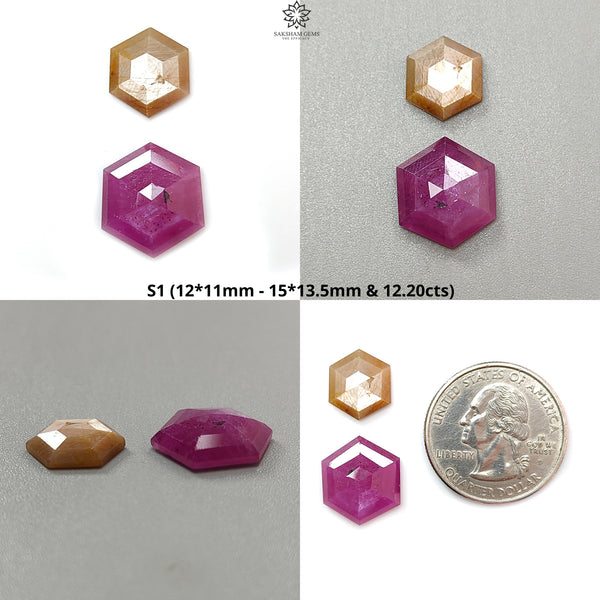 Multi Sapphire Gemstone Step Cut: Natural Untreated Unheated Sapphire Hexagon Shape Faceted 2pcs Set for Jewelry