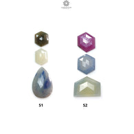 Multi Sapphire Gemstone Step & Rose Cut Slices: Natural Untreated Unheated Sapphire Pear, Hexagon Shape Faceted 3pcs Set for Jewelry