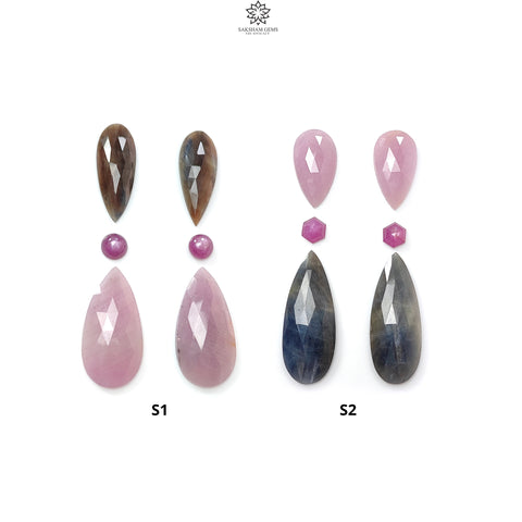 Multi Sapphire Gemstone Rose Cut Slices: Natural Untreated Unheated Sapphire Pear Shape Faceted 6pcs Set for Jewelry