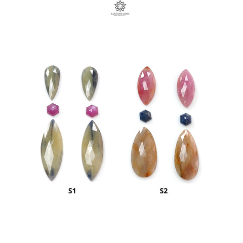 Multi Sapphire Gemstone Rose Cut Slices: Natural Untreated Unheated Sapphire Marquise, Pear Shape Faceted 6pcs Set for Jewelry