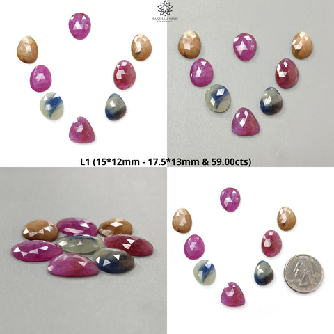 Multi Sapphire Gemstone Rose Cut Slices: Natural Untreated Unheated Sapphire Fancy Shape Faceted 7pcs, 8pcs Lots for Jewelry