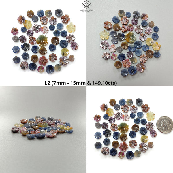 Multi Sapphire Gemstone Carving : Natural Untreated Unheated Bi-Color Sapphire Hand Carved Flowers Lots