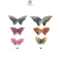 Multi Sapphire Gemstone Carving: Natural Untreated Multi Color Sapphire Hand Carved Butterfly 3 Pair Set for Jewelry September Birthstone