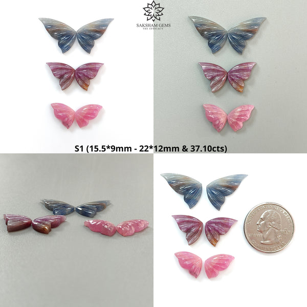 Multi Sapphire Gemstone Carving: Natural Untreated Multi Color Sapphire Hand Carved Butterfly 3 Pair Set for Jewelry September Birthstone