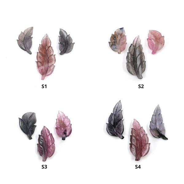 Watermelon TOURMALINE Gemstone Carving : Natural Untreated Unheated Bi-Color Tourmaline Hand Carved Leaf 3pcs Set