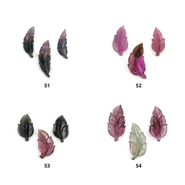 Watermelon TOURMALINE Gemstone Carving : Natural Untreated Unheated Bi-Color Tourmaline Hand Carved Leaf 3pcs Set