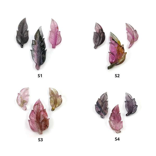 Watermelon TOURMALINE Gemstone Carving : Natural Untreated Unheated Bi-Color Tourmaline Hand Carved Leaf 3pcs Set