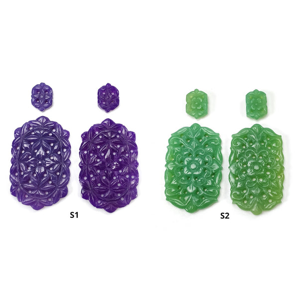 Purple & Green ONYX Gemstone Carving : Natural Color Enhanced Onyx Hand Carved Hexagon 4pcs sets