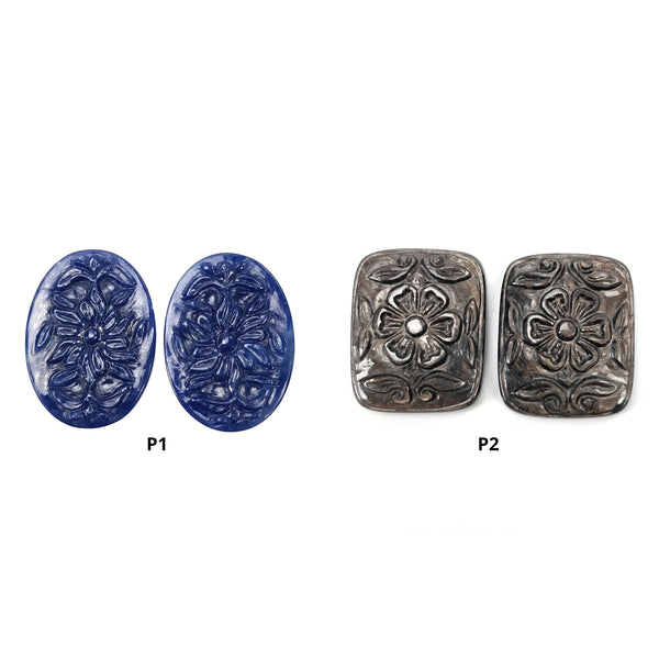 Blue & Chocolate Sapphire Gemstone Carving : Natural Untreated Unheated Sapphire Hand Carved Oval And Cushion Shape