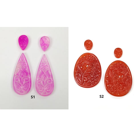 गुलाबी और नारंगी ओनिक्स रत्न नक्काशी: प्राकृतिक रंग बढ़ाया ओनिक्स हाथ नक्काशीदार नाशपाती और अंडा 4pcs सेट