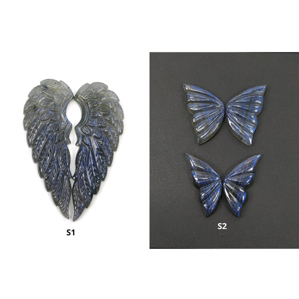 LABRADORITE Gemstone Carving : Natural Untreated Unheated Labradorite Hand Carved Butterfly And Angel Wings Sets