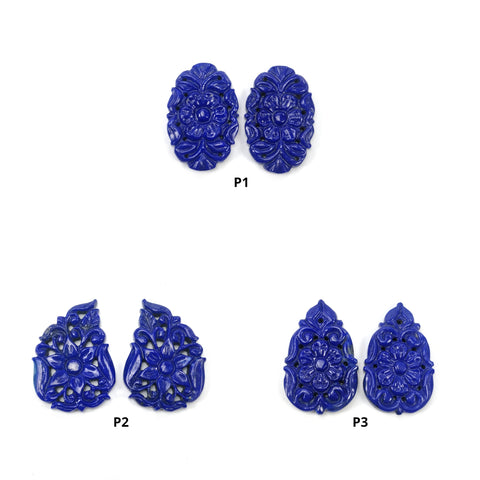 LAPIS LAZULI Gemstone Carving : Natural Untreated Blue Lapis Hand Carved Oval & Pear Shape Pairs