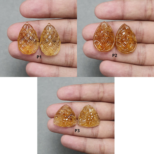 CITRINE Gemstone Carving : Natural Untreated Unheated Yellow Citrine Both Side Hand Carved Pear & Triangle Shape Carving Pairs For Earrings