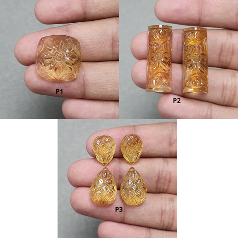 CITRINE Gemstone Carving : Natural Untreated Unheated Yellow Citrine Hand Carved Pear & Triangle Shape Carving Pairs For Earrings