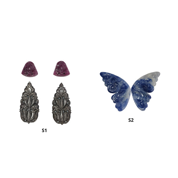 Blue Silver Sapphire & Ruby Gemstone Carving : Natural Untreated Sapphire Hand Carved Butterfly And Pear Shape Pair/Set