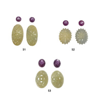 पीला और गुलाबी नीलम रत्न नक्काशी और गुलाब कट: प्राकृतिक अनुपचारित नीलम अंडाकार गोल आकार 4 पीस सेट