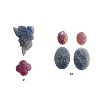 नीला गुलाबी नीलम और रूबी रत्न नक्काशी गुलाब कट: प्राकृतिक अनुपचारित नीलम अंडाकार असमान आकार सेट
