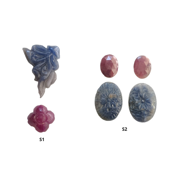 Blue Pink Sapphire & Ruby Gemstone Carving Rose Cut : Natural Untreated Sapphire Oval Uneven Shape Sets